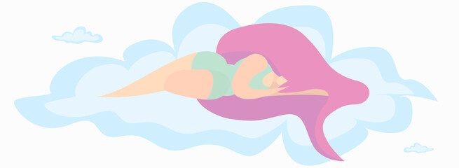 Fototapeta na wymiar The girl is sleeping sweetly, gaining new strength, on a soft and fluffy cloud.