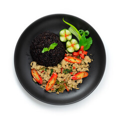 Spicy Chicken Stir Fried with  Basil Thai Herbs Served Riceberry Rice Thai Food spicy Cleanfood and Dietfood