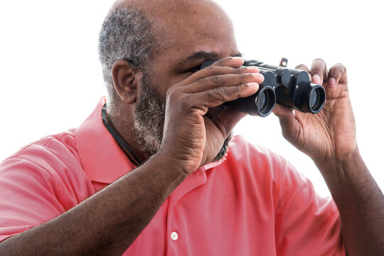 African American Man Looking Through Binoculars On White Background