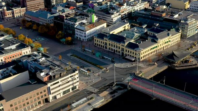Downtown in Drammen city, Norway. The name here is Bragernes. The bridge called Bybrua crosses the river Drammenselva to Str&oslash;ms&oslash;.