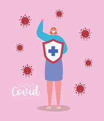 Woman with mask kawaii cartoons and shield with cross design of Fight covid 19 virus and stop spread theme Vector illustration