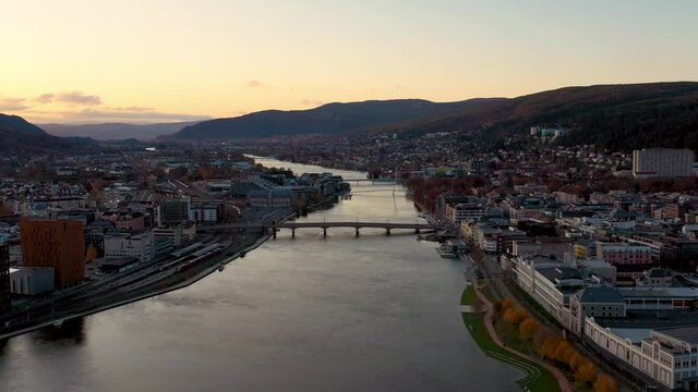 Aerial shot of Drammen city, Norway.The area on the left is called Stromso, and the area on the right is called Bragernes. The bridge in the foreground is called Bybrua (City bridge). 