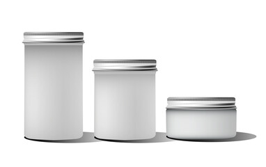 Realistic white cosmetic cream container. Mock up bottle. Gel, powder, balsam, with design label. Containers for bulk mixtures.