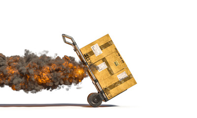 handtruck with different parcels with flames and smoke.