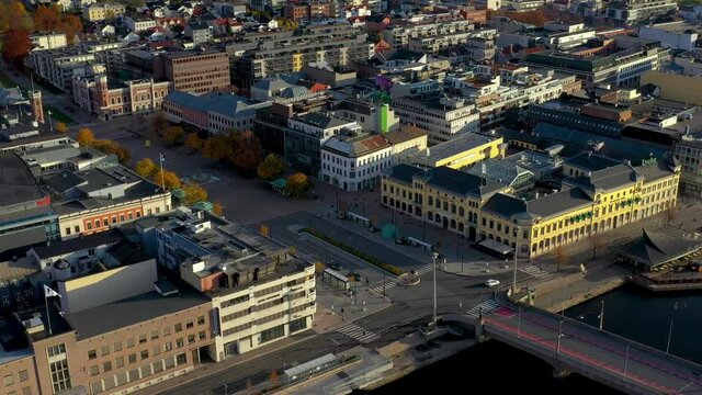Downtown in Drammen city, Norway. The name here is Bragernes. The bridge called Bybrua crosses the river Drammenselva to Str&oslash;ms&oslash;.