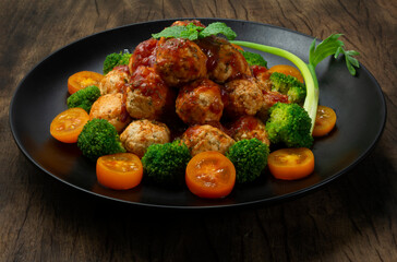 Chicken Meatballs with Tomato Sauce Healthy Dish Traditional European Food Fusion Style