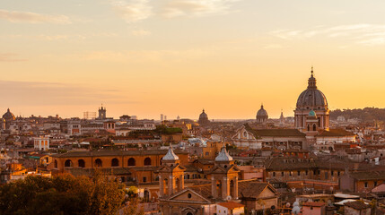 Rome ancient historic center skyline with beautiful sunset light