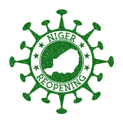 Niger reopening stamp. Green round badge of country with map of Niger. Country opening after lockdown. Vector illustration.