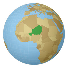 Globe centered to Niger. Country highlighted with green color on world map. Satellite projection view. Vector illustration.