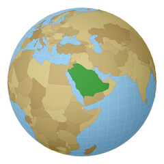 Globe centered to Saudi Arabia. Country highlighted with green color on world map. Satellite projection view. Vector illustration.