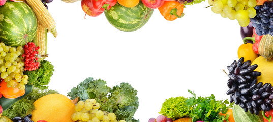 Frame of vegetables and fruits on white background. Top view. Free space for text. Panoramic collage.