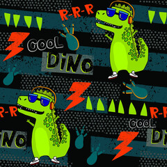 Grunge seamless pattern with cool dinosaur on dark background