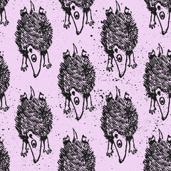Traditionally drawn vector seamless pattern with hedgehog. Monochrome sketch drawing with character hedgehog. Ink drawn repeated texture with animal.