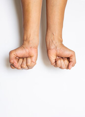 The gesture of the person's hand and finger on a white background