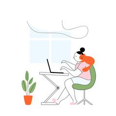 Young girl working at home on laptop.Vector illustration in flat style.