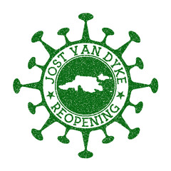 Jost Van Dyke Reopening Stamp. Green round badge of island with map of Jost Van Dyke. Island opening after lockdown. Vector illustration.
