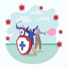 Fototapeta premium People with masks shield sword and spray bottle design of Fight covid 19 virus and stop spread theme Vector illustration