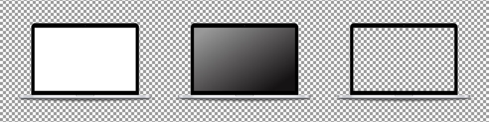 Modern laptop computer mockup set. Laptop with blank screen. Mockup isolated on transparent background. Realistic vector illustration.
