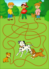 Help the children find their dogs. Funny maze game. Cartoon vector illustration. Education game for children.
