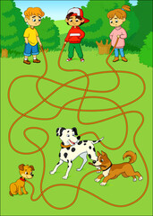 Fototapeta premium Help the children find their dogs. Funny maze game. Cartoon vector illustration. Education game for children.
