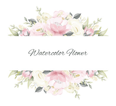 Flora frame rose pink and white watercolor template 