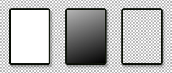 Modern Tablet display mockup set. Realistic tablet mockup isolated on transparent background. Realistic vector illustration.