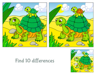 Find 10 differences. Educational game for children. Cartoon vector illustration of turtles.
