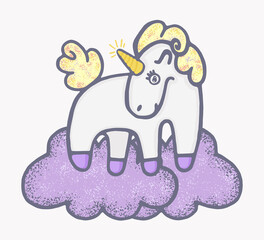 Vector illustration of cute unicorn. Colorful doodle with funny pony with blond mane in cartoon style.