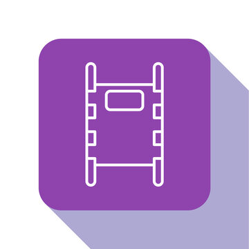 recommend clip art: White line Stretcher icon isolated on white background. Patient hospital medical stretcher. Purple square button. Vector Illustration.