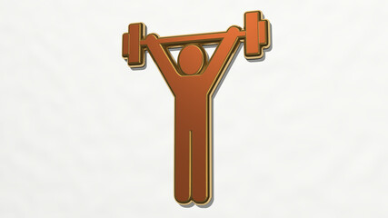 WEIGHT LIFTING made by 3D illustration of a shiny metallic sculpture on a wall with light background