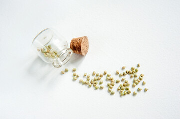 Hemp seeds and bottle for oil on white background. Small glass bottle with a cork cap. Copy space...