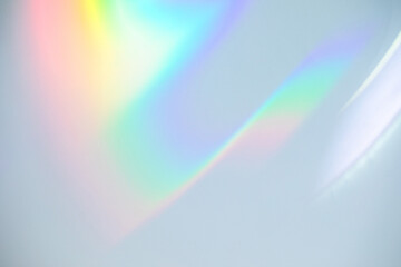 Blurred rainbow light refraction texture overlay effect for photo and mockups. Organic drop diagonal holographic flare on a white wall. Shadows for natural light effects - Powered by Adobe