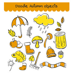 Set of doodle Autumn object in orange and yellow color.