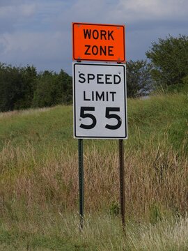 Speed limit and Work Zone sign erected on the roadside usually posted where construction or road repair is in progress.