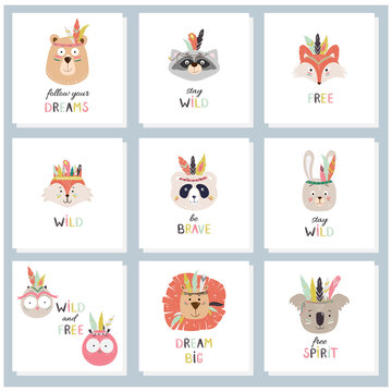 Set of cards with cute tribal, indian animals faces and decorative hand drawn text. Vector childish illustration for print, fabric design, cards, invitations. 