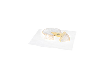 brie isolated on white background and wedge of cheese