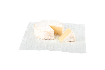 Cheese with white mold isolated on white background and wedge of cheese