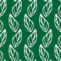 Simple Leaf Foliage Illustration Green Monochrome Seamless Pattern Background Wallpaper. Hand-drawn Plant Pattern for Textile, fabric, paper, print, interior, decor and more.