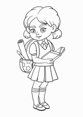 Cute schoolgirl with  book and  backpack. Coloring book for children. Cartoon vector illustration.