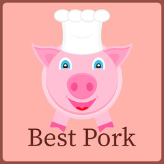 Best pork. Template design for label pork meat products. Pig chef with cook hat. Cartoon character. Vector illustration.