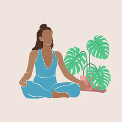 Young woman doing yoga in lotus position meditates. Tropical plants in flower pots. Wellness vector illustration in flat doodle style for design posters, flyers, templates, banners.