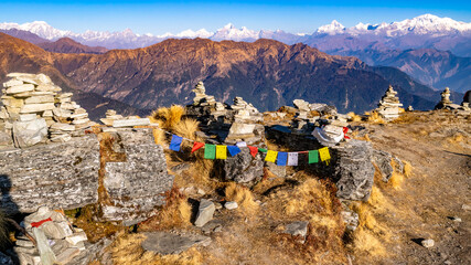 Prayer flags at Chandrashila summit of Deoria tal,tungnath chandrashila trekk in India Himalayas near Chopta Uttrakhand India.