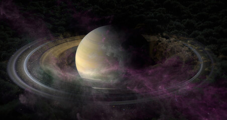 Planet Saturn in clubs of plasma clouds in outer space. It is the sixth planet from the Sun and the...
