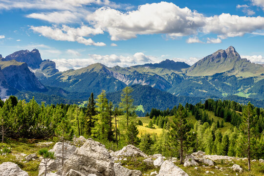 View from Sasso di Santa Croce in Dolomites, Badia valley, South Tyrol, Italy
