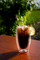 Iced beverage on glass with ice and lemon standing on the table in front of green field and tree