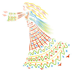 winged woman in a patterned dress calls someone, or hurries to someone