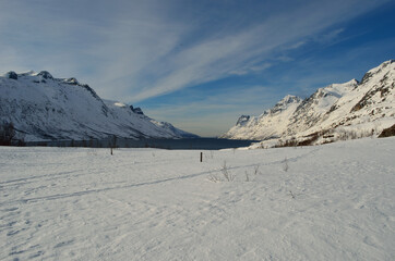 Fototapeta na wymiar majestic tall snowy mountain with vibrant blue sky and fjord
