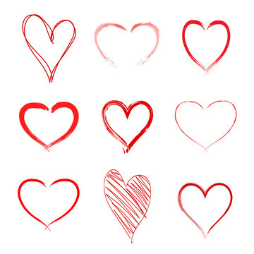 Set of nine hand drawn heart. Hand drawn rough marker hearts isolated on white background. Vector for your graphic design