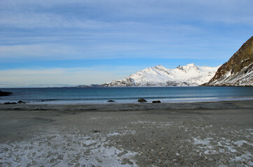 majestic mountain, sea and beach landscape in the arctic circle