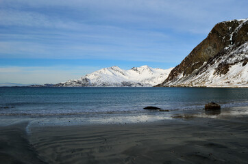 majestic mountain, sea and beach landscape in the arctic circle